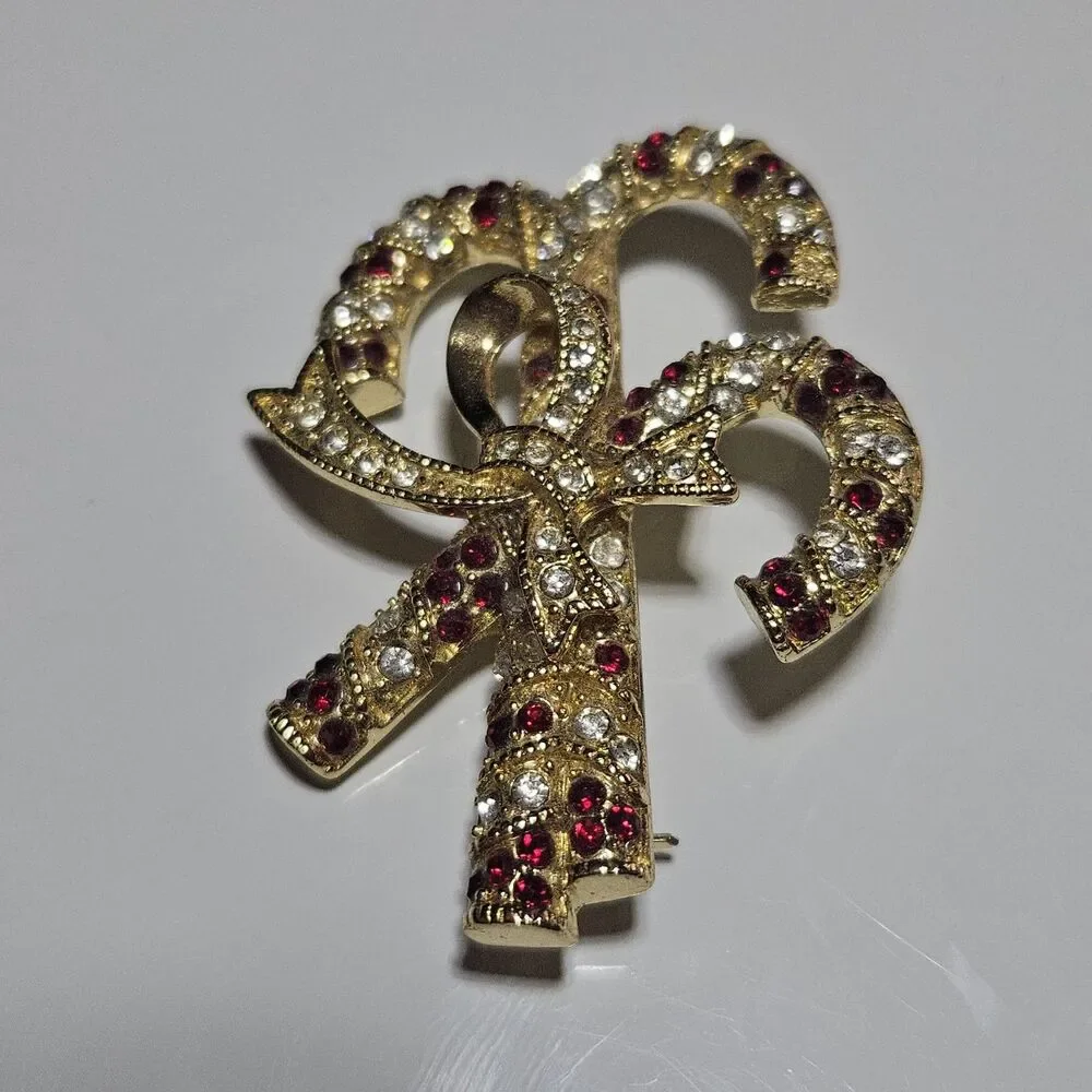 **Final Sale** Monet Christmas Candy Cane Bow Red Clear Gold Tone Brooch
